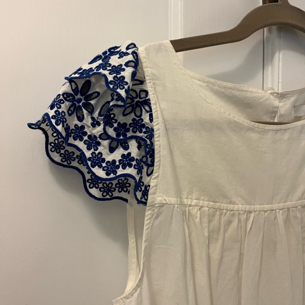 Madewell White and Blue Ruffled Puff Sleeve Blouse